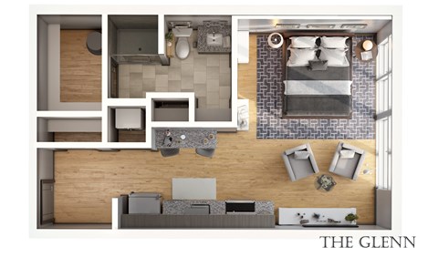 A top down view of a modern apartment layout.